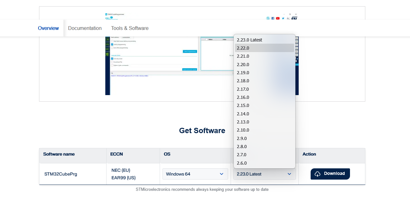 STM32CubeProgrammer version archive on ST's website